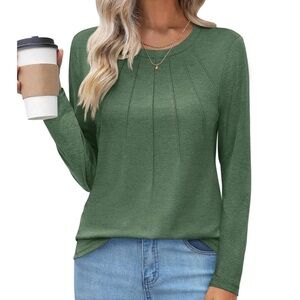 UEU Long Sleeve Tops Crew Neck Casual Pleated Shirts Tunic Blouses Green Size XL